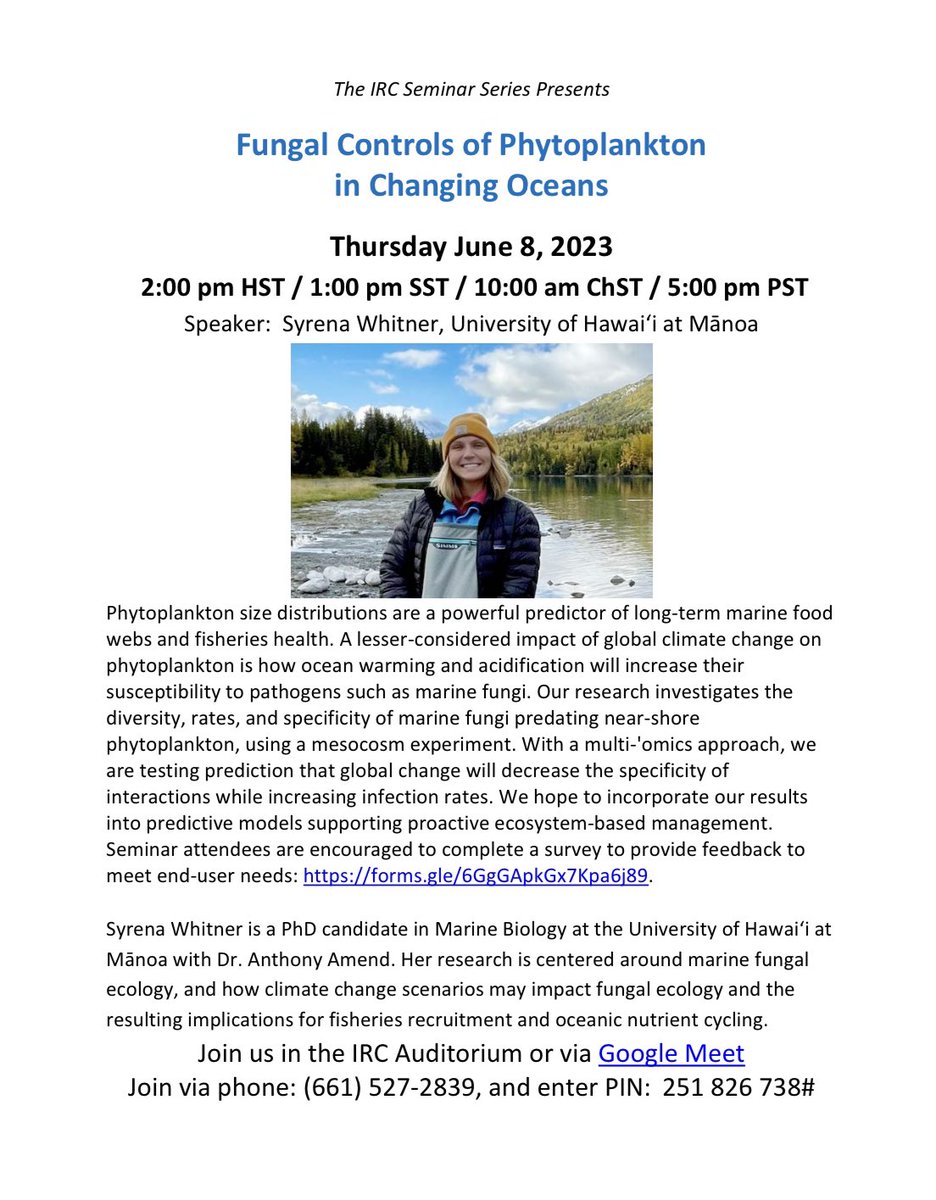 Syrena Whitner ๐๐ (@syrenawhitner) on Twitter photo Im giving my first big girl talk!! Join me for the NOAA IRC seminar series on June 8th at 2pm HST where Iโll be talking about how fungal parasites may impact phytoplankton communities and fisheries recruitment here in Hawaiโi ๐๐ <a href="/NOAA/">NOAA</a> <a href="/SeaGrant/">NOAA Sea Grant</a>
urldefense.com/v3/__https://mโฆ Im giving my first big girl talk!! Join me for the NOAA IRC seminar series on June 8th at 2pm HST where Iโll be talking about how fungal parasites may impact phytoplankton communities and fisheries recruitment here in Hawaiโi ๐๐ <a href="/NOAA/">NOAA</a> <a href="/SeaGrant/">NOAA Sea Grant</a>
urldefense.com/v3/__https://mโฆ