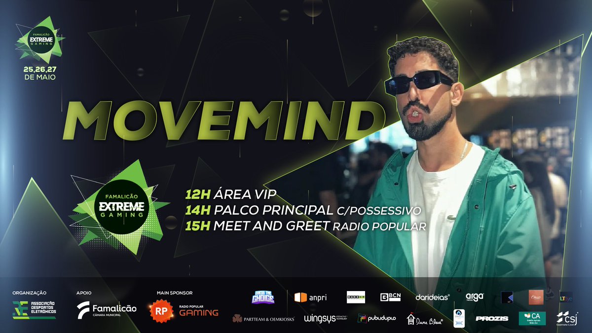 O <a href="/M0veMind/">MoveMind</a>  estará amanhã presente no Famalicão Extreme Gaming! 👇

👉 Às 12h estará na ÁREA VIP para receber os visitantes com BILHETE VIP
👉 Às 14h estará presente no PALCO PRINCIPAL com o @/possessivo
👉 Às 15h estará presente na <a href="/radiopopularPT/">Radio Popular</a>  para MEET AND GREET