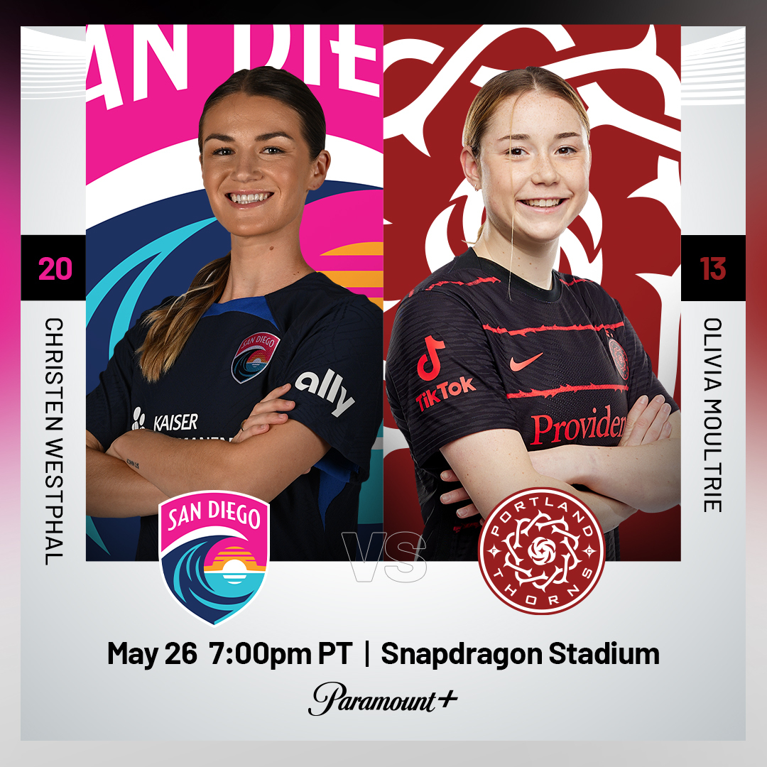 It's NWSL o'clock tonight!

🏠 @sandiegowavefc 
🆚 @ThornsFC 
📅 Friday, May 26
⏰ 7 PM PT
📺 Paramount+
#WePlayHere