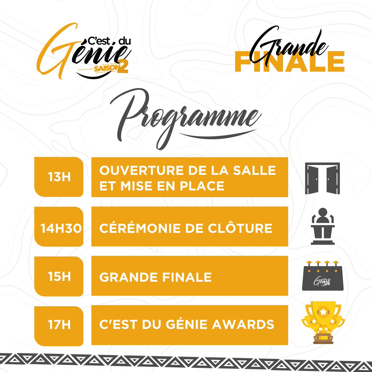 C'est Du Génie (@c_du_genie) on Twitter photo La Grande Finale de la saison 2, c'est bien demain samedi à partir de 14H30 à <a href="/EnergyGenAfrica/">Energy Generation 🚀</a>. Soyons ponctuels pour ne manquer aucune minute de cette belle fête du savoir. Eledjiiii !!!
#CDuGenie #CultureGenerale #PourLeTogo #FinaleCDG2023 La Grande Finale de la saison 2, c'est bien demain samedi à partir de 14H30 à <a href="/EnergyGenAfrica/">Energy Generation 🚀</a>. Soyons ponctuels pour ne manquer aucune minute de cette belle fête du savoir. Eledjiiii !!!
#CDuGenie #CultureGenerale #PourLeTogo #FinaleCDG2023
