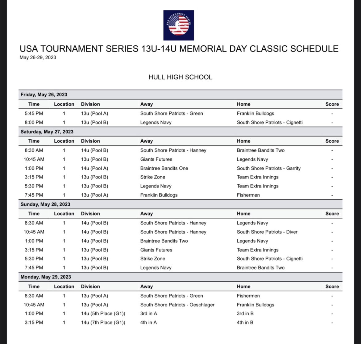 Hull High welcomes USA Tournament Baseball to the GUT!

We’re packed this holiday weekend and they will be returning multiple times this summer!

If you find time during your weekend, head down to HHS and watch some great baseball!

GO PIRATES!