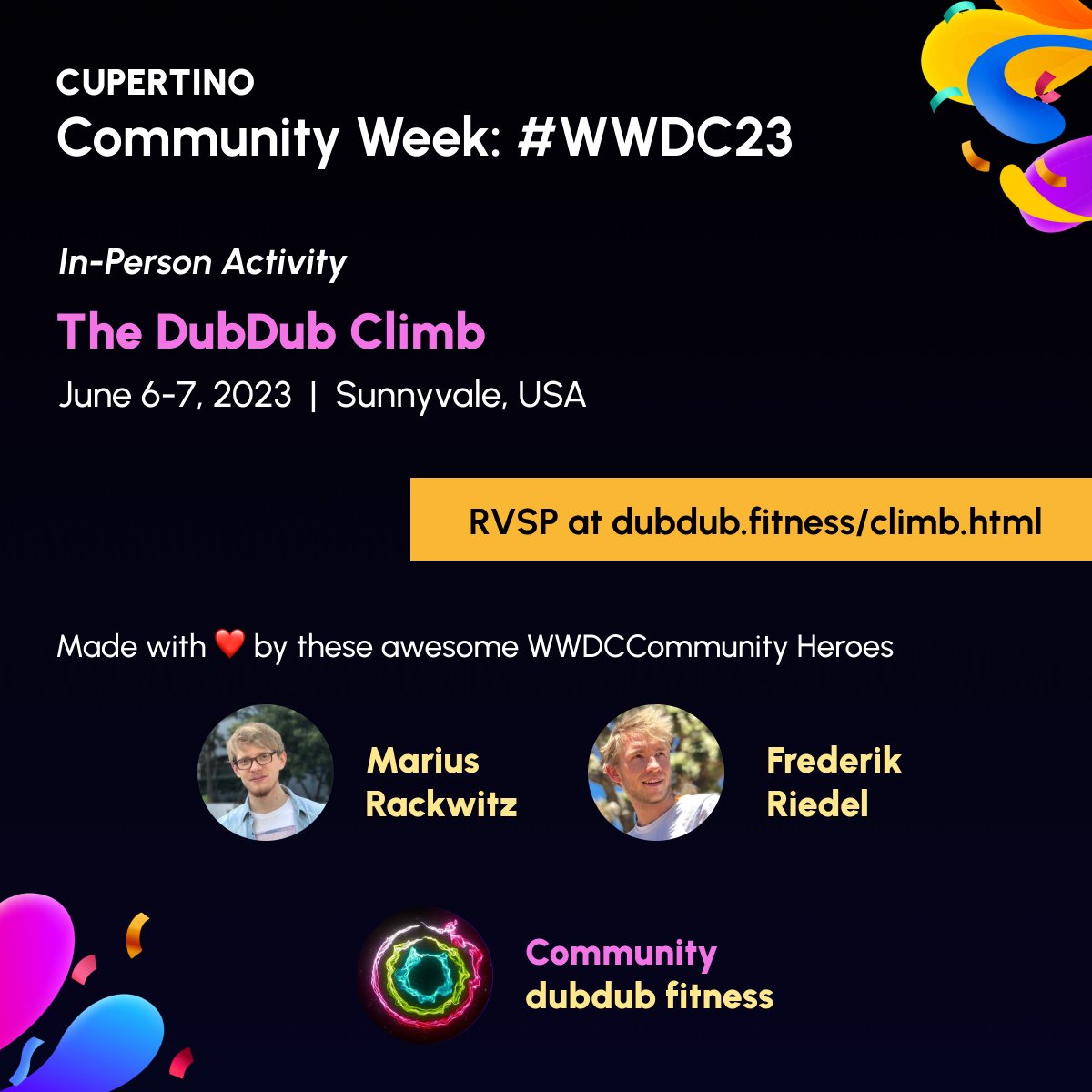 WWDCCommunity's tweet photo. Who's ready to reach the top this WWDC23?π§ββοΈ
If you're in Cupertino, join the dubdubfitness community for a DubDub Climb on June 6 or 7.
RSVP: https://t.co/R4lttPYHO2
Shoutout to your community heroes @mrackwitz and @frederikRiedel for making this happen! πͺπ₯³
#WWDCCommunity https://t.co/WyTXlLTOqT
