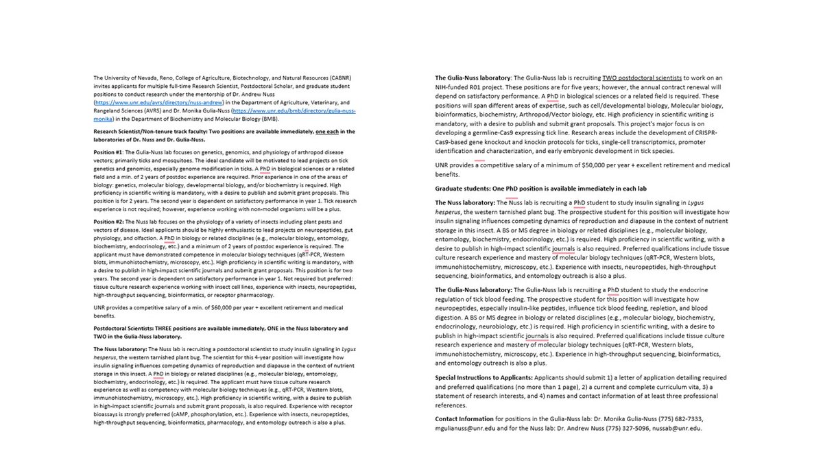 Hiring multiple positions for arthropod molecular biology: Non-TT faculty (2), postdocs (3), and grad students in <a href="/andrew_nuss_lab/">Andrew Nuss</a> and <a href="/gulianusslab/">Monika Gulia-Nuss</a>! Please send emails to either of us.  Please retweet!