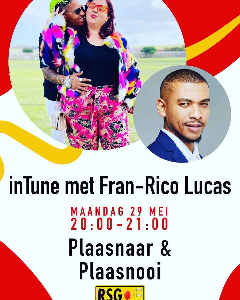 Ons kuier Maandag aand met Inhoudskepper,komediant,akteur,model,vermaaklikhied ster &amp; motiveringspreker <a href="/plaasnaar_/">Plaasnaar</a> en sy regterhand vrou <a href="/Plaasnooi2/">Plaasnooi</a> !!🤩 Skakel in om 20:00 om meer oor hierdie twee internet sensasies uit te vind ! 
Net op InTune met Fran-Rico Lucas op <a href="/zarsg/">RSG 100-104FM</a>