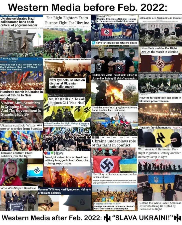 Ukraine and the West first said “there are no Nazis in Ukraine”. Now it’s “okay maybe we have Nazis, but it’s just a little bit”.

The only national military on Earth with Nazi units in it is Ukraine’s via the Azov Battalion.

Ukraine is the most pro-Nazi nation on the planet…