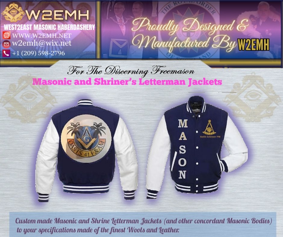 Our Letterman Jackets are of the finest Wool and supple leathers available.

Contact Brother Scott at Scott@wix.net for his rendering of your Lodge's Logo or Shrine Termple...