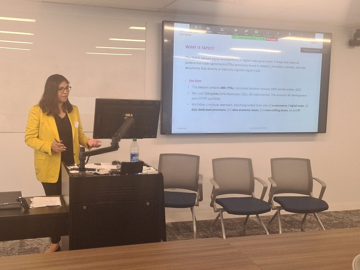 @MdC_Vasquez presenting our TAPED dataset at the final session at the #TradeLaw4_0 conference. Glad to share knowledge and best practices on measuring #digitaltrade & regulation with @jlopezgonzalez1, @Martina__F, Alexandrea Schwind (@WorldBank), @johannesfritz_ and @tstruett