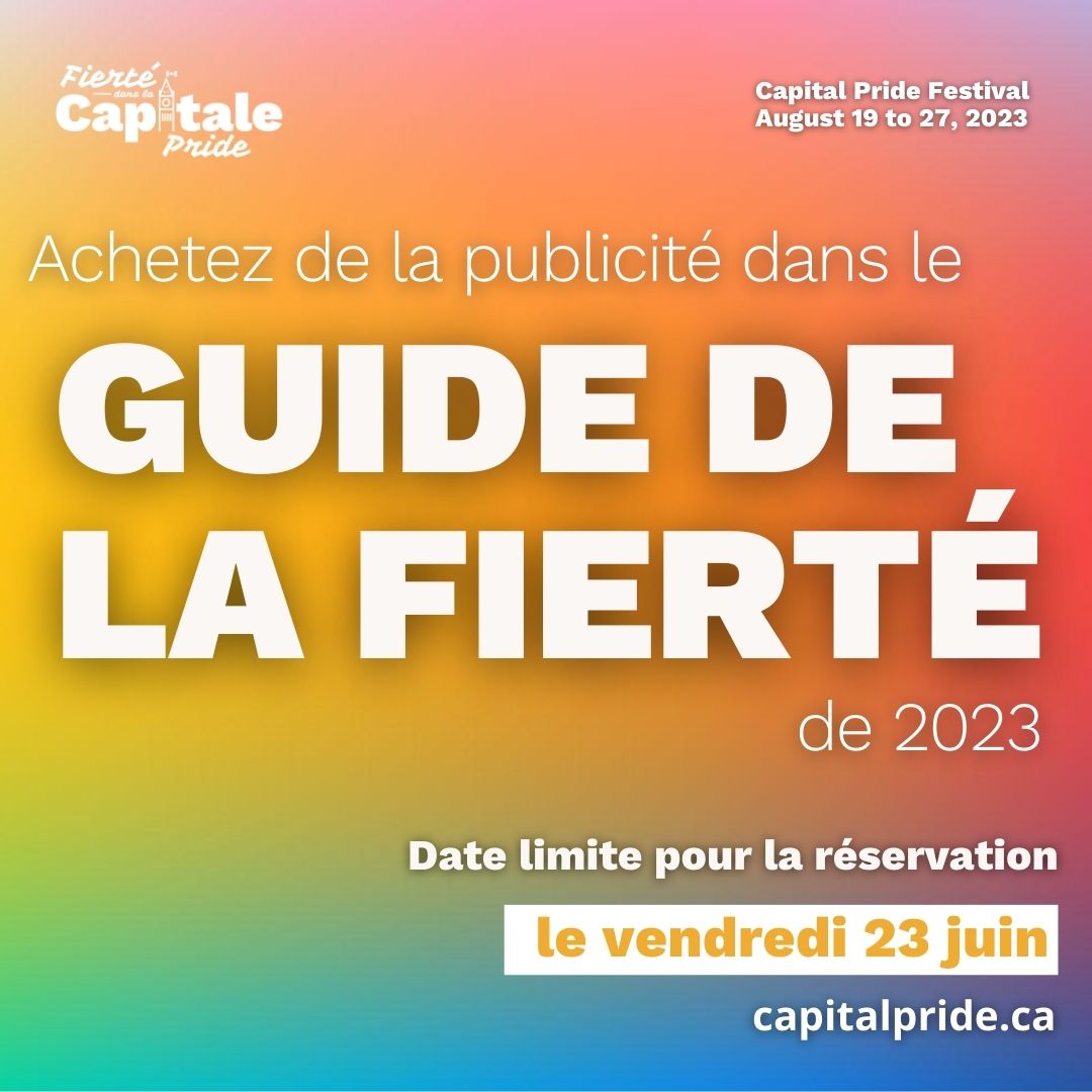 Les créneaux publicitaires sont désormais disponibles à l'achat dans le Guide de la fierté.  Pour en savoir plus, visitez capitalpride.ca/fr/achetez-de-…