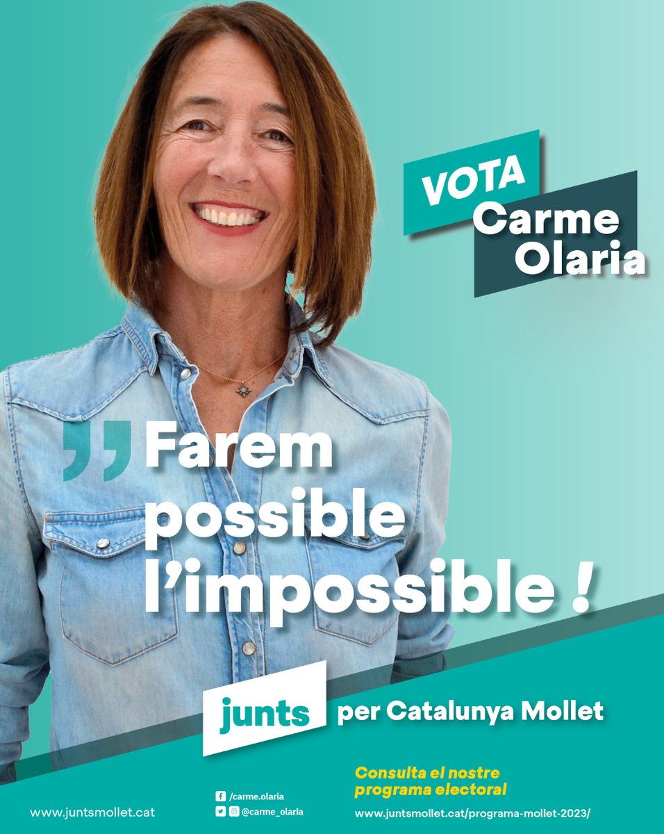JuntsMollet's tweet photo. ✅ Farem possible l'impossible!!
✅ VOTA CARME OLARIA!
✅ VOTA JUNTS PER CATALUNYA MOLLET! 🟢
#juntsespossible @carme_olaria #juntspercatalunyamollet #molletdelvalles https://t.co/F8w532eu1B