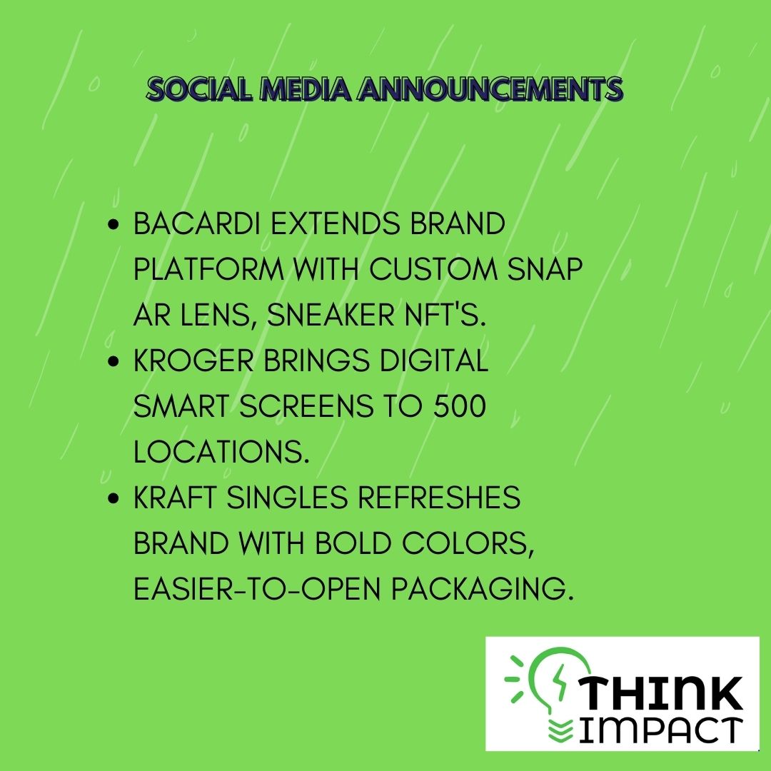 ThinkImpact1st's tweet photo. #SocialMedia Headlines, according to Marketing Dive!
#Bacardi #ARLens #NFTs #DigitalSmartScreens #Kroger #KraftSingles #Repackaging https://t.co/WqoB0mG9fc