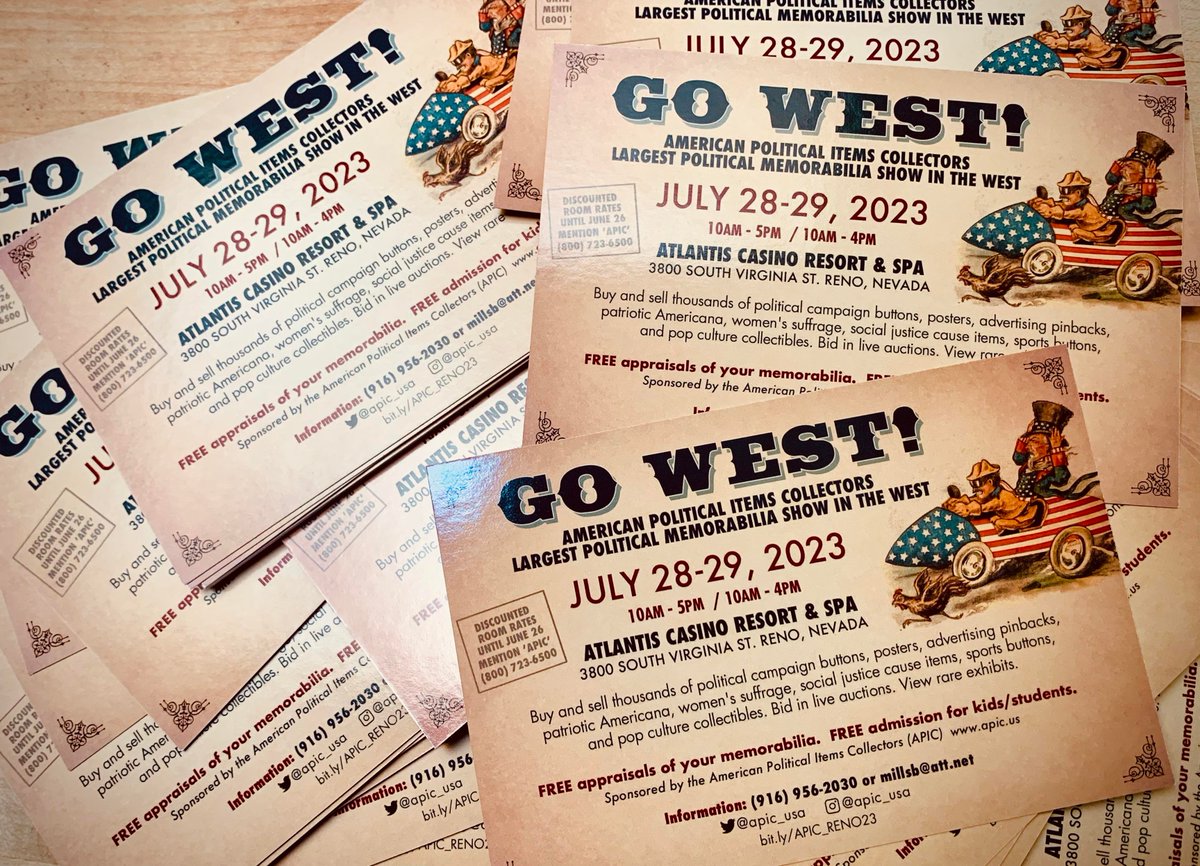 APIC_USA's tweet photo. 🚨 SHOW ALERT. Are you coming to the Largest 🇺🇸Political Memorabilia show in the West #ButtonCon23 @AtlantisReno? Tons of buttons and collectible #Americana on 7/28-29. Free appraisals, live auctions, and cool displays! https://t.co/uBcmXNHIgw https://t.co/vMh9PdWIyL