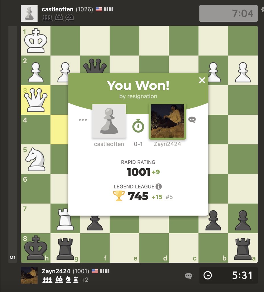 I started playing chess 4 months ago and I got to my goal of 1000 on rapid today which is great! Probably my next goal is 1500 by the end of the year