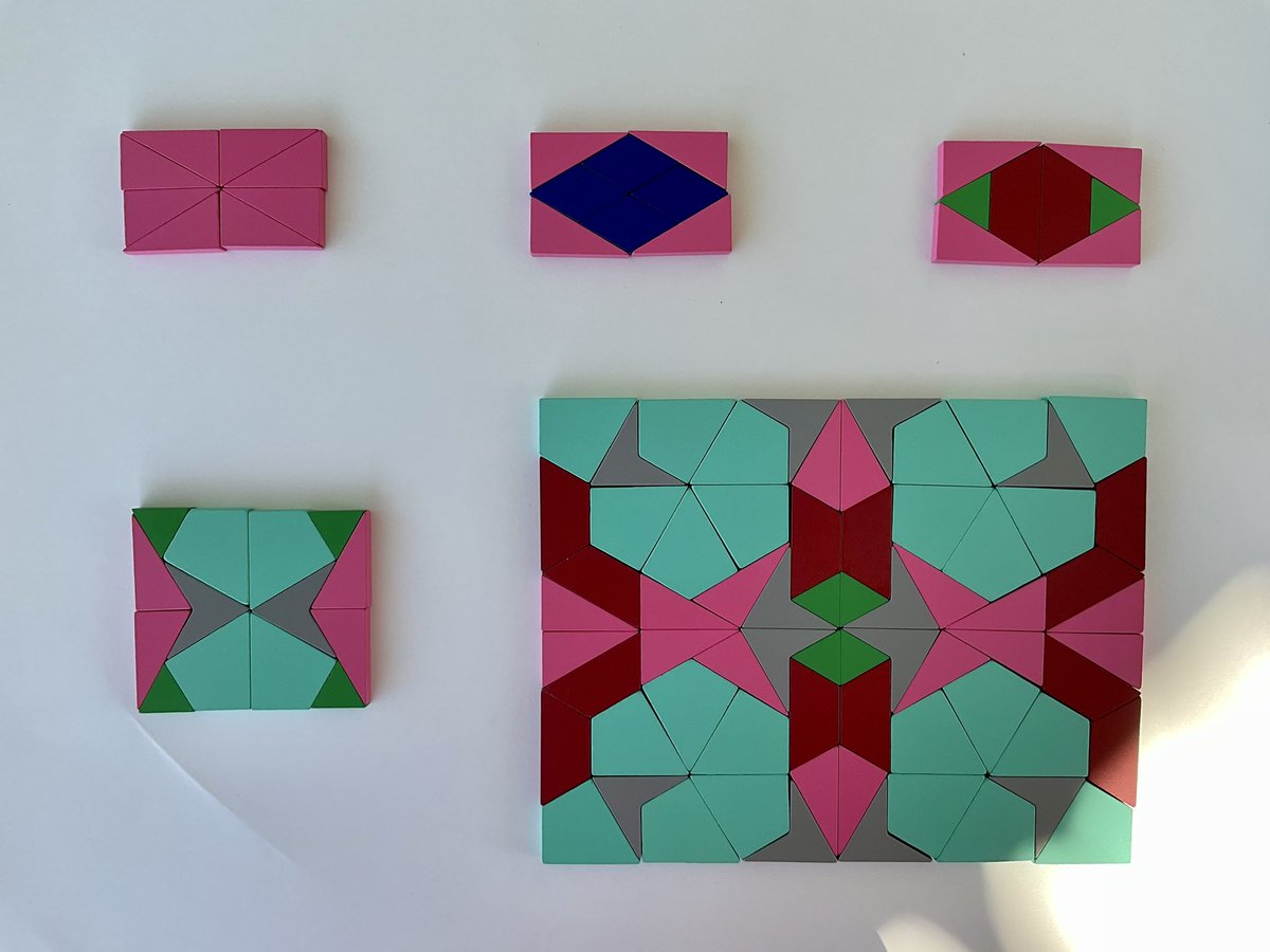 sian37653764's tweet photo. @MurrayH83 Rectangles with 1, 2, 3, 4 and 5 different shapes and all with 2 lines of symmetry!   Now is is possible to make one with 6 different shapes… ?  I’ll need to ponder that one! 

Fun… fun… fun with #mathforlove #21stCenturyPB https://t.co/sVvPUKACLc