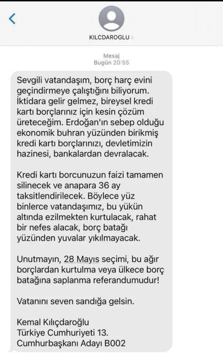 Sevgili dostlar; Kemal Kılıçdaroğlu tarafından gönderilen şu SMS yasaklanmış. Mümkün olduğunca; Instagram, Facebook, WhatsApp grupları... çok kişiye ulaştırın da yasağı delmesinler. Haydi bir zahmet...