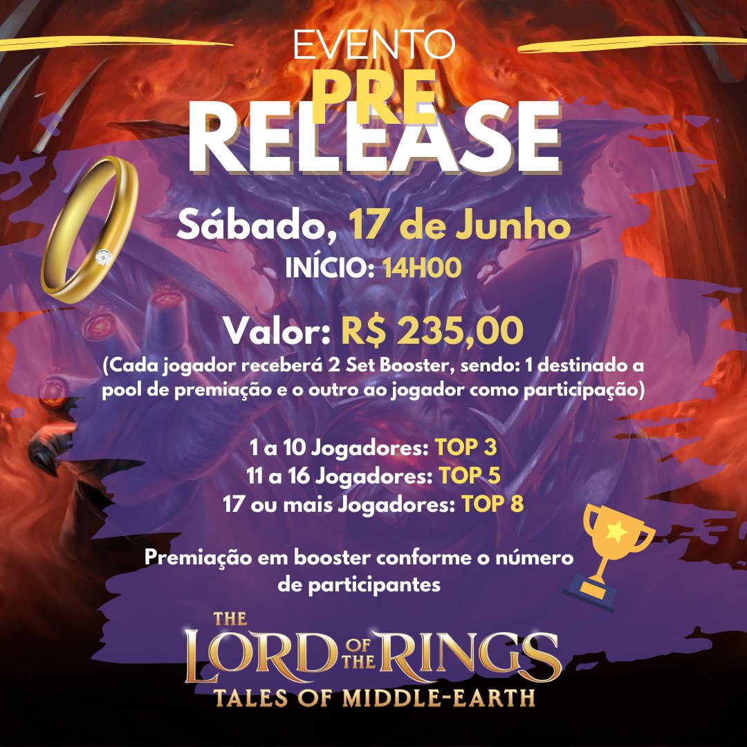 Stormcardgames's tweet photo. Dia 17/06 teremos nosso PRÉ RELEASE tão esperado de Senhor dos Anéis. Estamos com vaga limitada, então corra e garanta a sua. https://t.co/zWsKaa51Ne