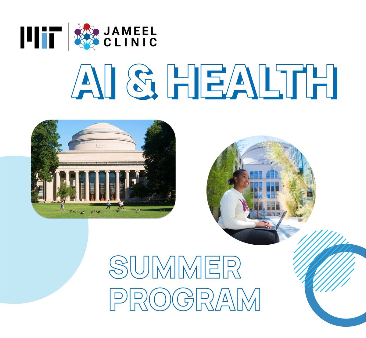 We're excited to announce the launch of the 1st #JameelClinic AI &amp; Health Summer Program! This rigorous 1-week program is tailored to rising 10th-12th graders w/ a strong interest in AI + medicine. The deadline for applications is June 5, 2023. 
Apply now: jclinic.mit.edu/hssummerprogram