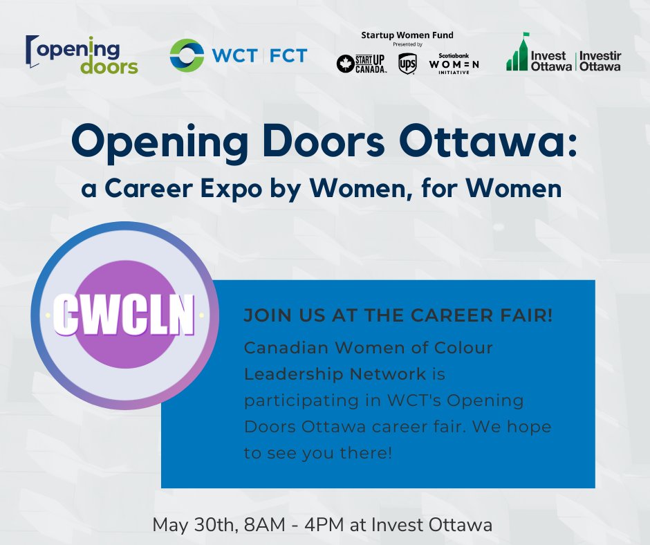 Canadian Women of Colour Leadership Network (@_cwcln) on Twitter photo .@CWCLN is proud to be partnering with <a href="/WCT_NCR/">WCT National Capital</a> on Opening Doors Ottawa: A Career
Expo by Women, for Women!
Opening Doors offers a full day of programming in the nation’s capital to support the advancement of women's careers in Canada's ICT sectors. 1/4 .@CWCLN is proud to be partnering with <a href="/WCT_NCR/">WCT National Capital</a> on Opening Doors Ottawa: A Career
Expo by Women, for Women!
Opening Doors offers a full day of programming in the nation’s capital to support the advancement of women's careers in Canada's ICT sectors. 1/4