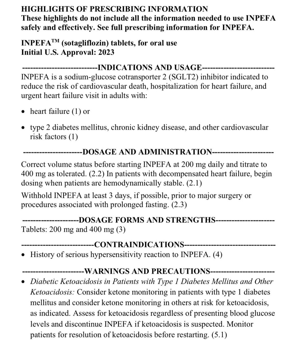 Sotagliflozin (INPEFA) receives *broad* <a href="/US_FDA/">U.S. FDA</a> approval based on #SOLOISTWHF &amp; #SCORED to reduce CV death, HF hosp, &amp; urgent HF visits in either:

HF

or

T2D, CKD, and CV risk factors

A 3rd #SGLTi for the indication of HF treatment irrespective of LVEF

lexpharma.com/media-center/n…