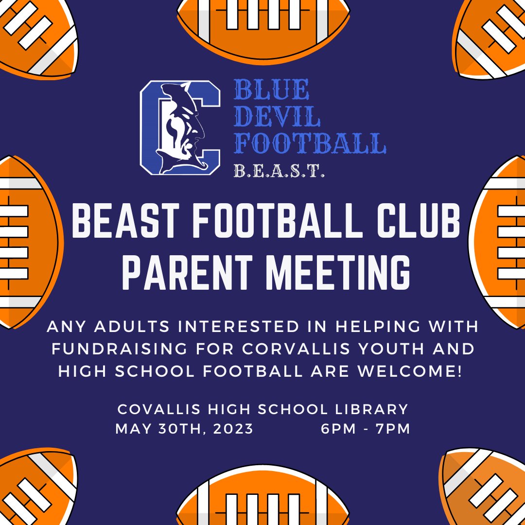 The BEAST Football Club will be holding a meeting tomorrow at 6pm in the High School Library for any adult wanting to assist in reaching the goals of Corvallis Youth, and High School Football. Come get involved with our other like minded parents, coaches, and community members!🏈