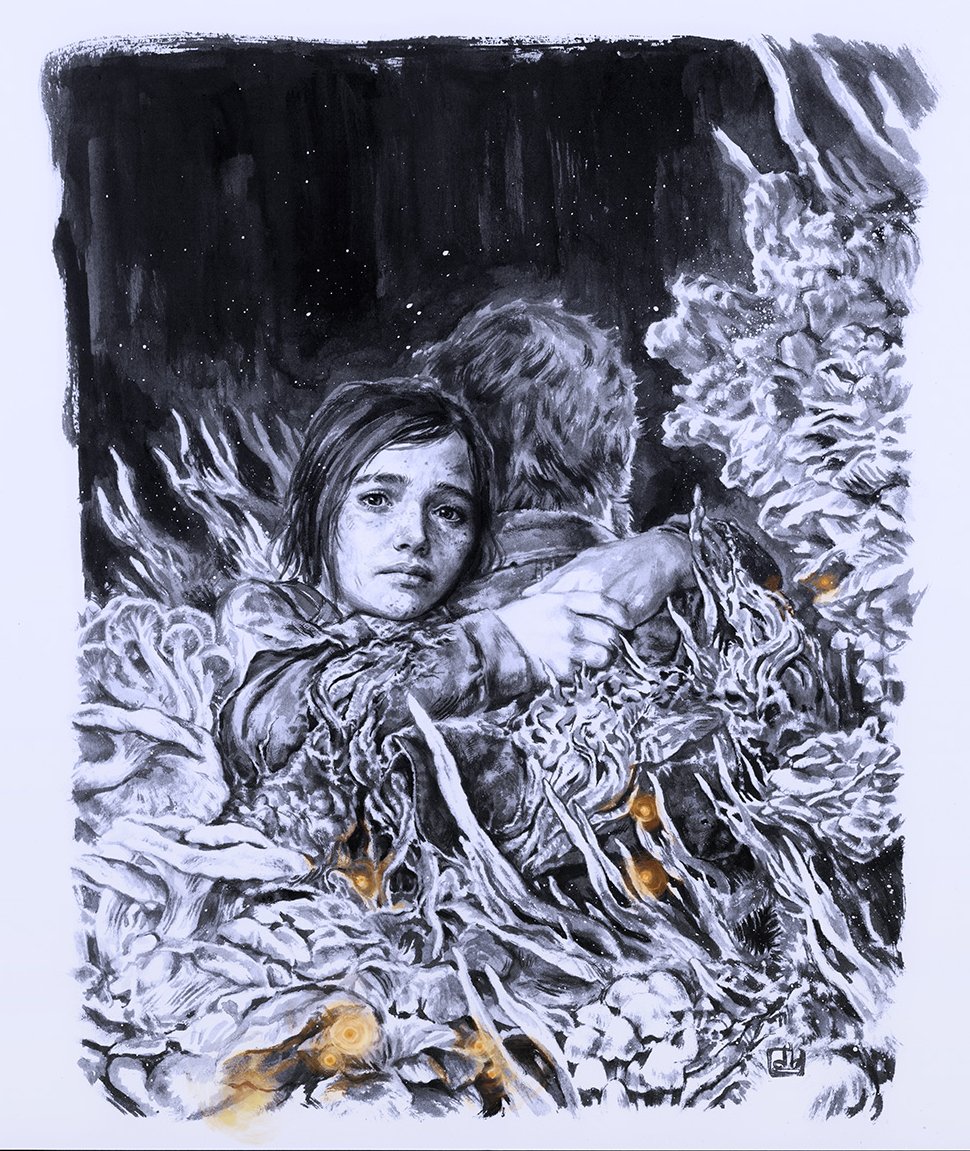 The two #EndureAndSurvive #TheLastOfUs fan book covers I was commissioned to do. I got complete freedom and I'm pretty happy with the idea and how it turned out. 🪸✨🪸  (Ink on A3 paper, 25 x 20 cm)  Kickstarter:   Joel Edition / Ellie Edition