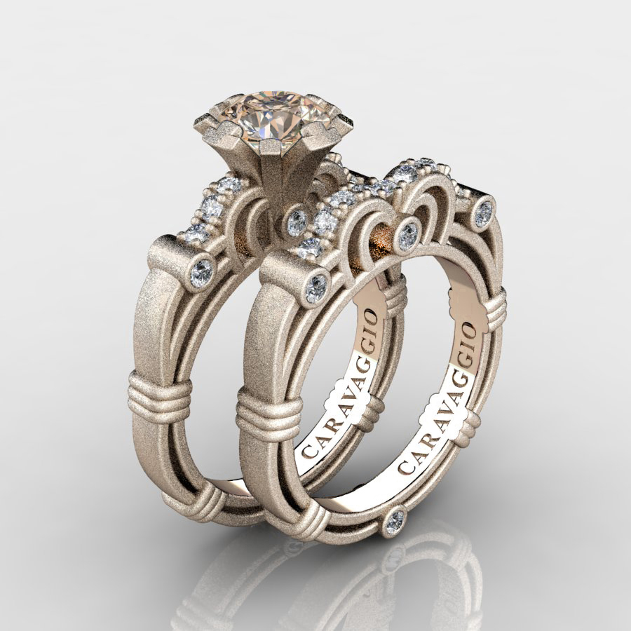 Monumental 💎 caravaggiojewelry.com/?p=429499 Art Masters Caravaggio 14K Matte #Rose Gold 1.0 Ct #Champagne #Diamond Engagement Ring Wedding Band Set R623S-14KMRGDCHD at Caravaggio™ Jewelry