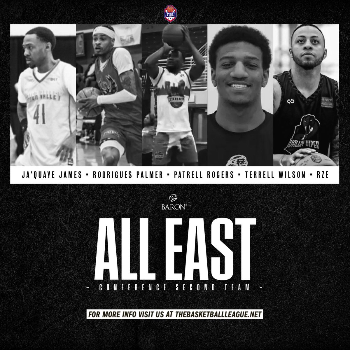TBLproleague's tweet photo. So much wonderful talent in TBL this season like these All East Conference 2nd  Team members:

• Ja’Quaye James @LVLegendsBBall 
• Rodrigues Palmer @raleighfirebirds 
• Patrell Rogers @georgiasoulmen 
• Terrell Wilson @gclionsofficial 
• Rze CULBREATH @va_viperstbl 

Be sure to catch these young men on https://t.co/kIV2NV1afi 

 #adifferentleague

🇺🇸🏀🇨🇦

“Where the SPIRIT of the GAME LIVES”
