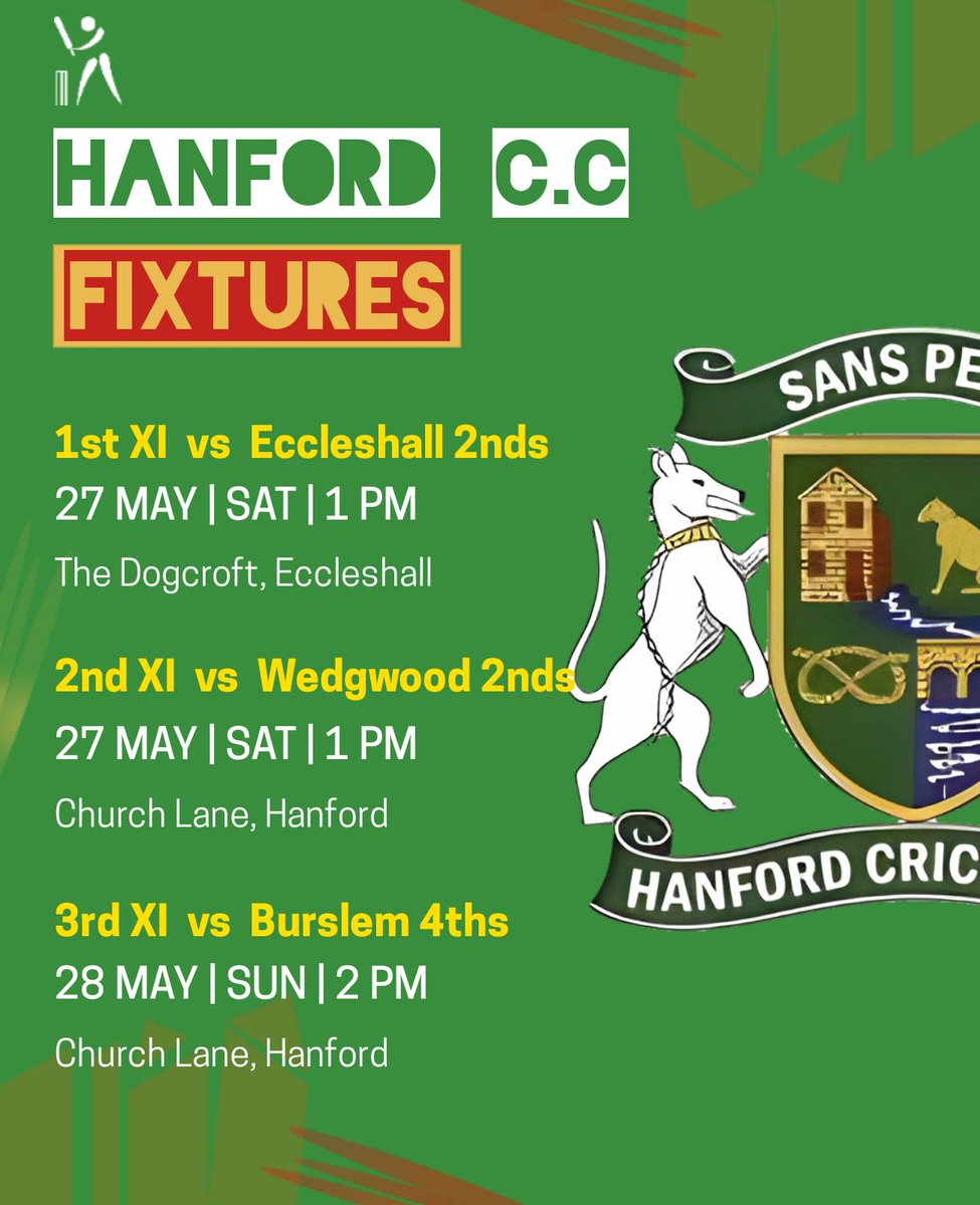 📝🏏 WEEKEND FIXTURES 🏏📝 

The 1st XI head to @EccleshallCC in search of their 1st win of the season.

The 2nd XI look to get back to winning ways as @WedgwoodCC1 make the trip to Church Lane.

Our Sunday XI host @burslem_cc after a strong start to the season. 

#UpTheFord
