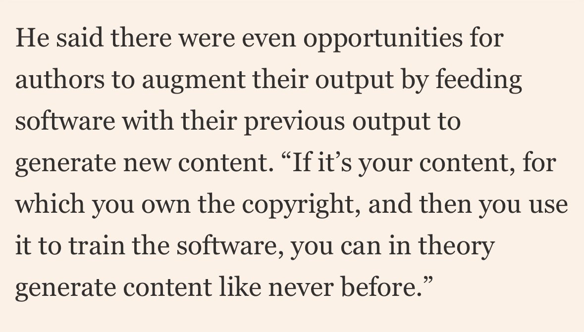 john_self's tweet photo. Here’s Thomas Rabe, head of Bertelsmann which owns Penguin, on the opportunities of generative AI.

Boy, I wish Salinger, Amis or Woolf had been able to do this. I love their content. Think how much more content they could have generated!

https://t.co/fqMDhIxrTX https://t.co/1D0YMqaz9P