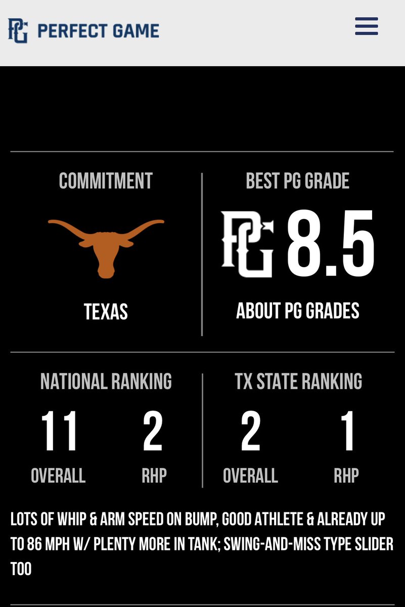 Thank you @PerfectGameUSA for the ranking - the work continues… @TRussoPG @JBrownPG @TexasBaseball @EinhardtEvin @scottymo25