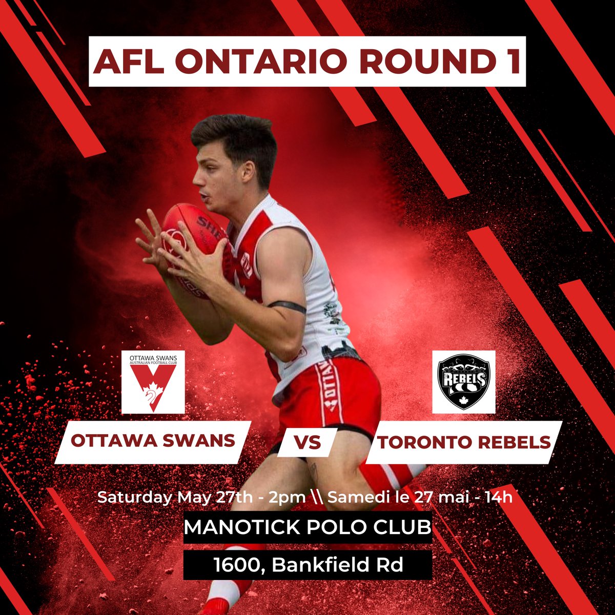 Our Men’s team is playing <a href="/RebelsAFC/">Toronto Rebels AFC</a> in the
<a href="/AFLOntario/">AFL Ontario</a> Round 1 at 2pm tomorrow in a rematch from last year’s preliminary final! It should be a great game!🦢v🦝Best way to launch our 2023 season 🙌🏼Let's get this started! #ottawasports #manotick #ottawaswans #aflontario #aflcanada