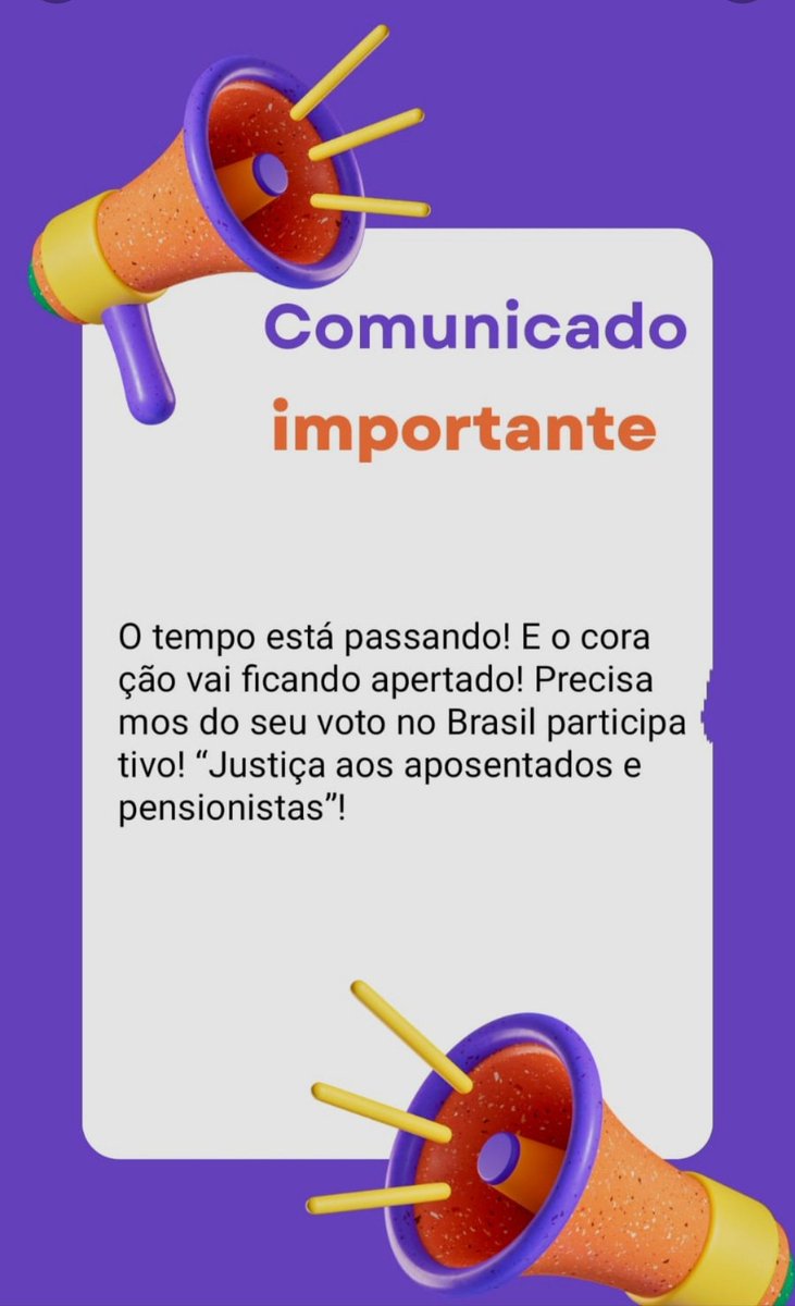 A liberdade de decidir está em nossas mãos, por meio do voto. Faça valer sua voz, vote Brasil Participativo e lute pela justiça aos aposentados e pensionistas!
brasilparticipativo.presidencia.gov.br/processes/prog…

#RicardoNunesBasta 
#lulaeocongressounidospelopovo