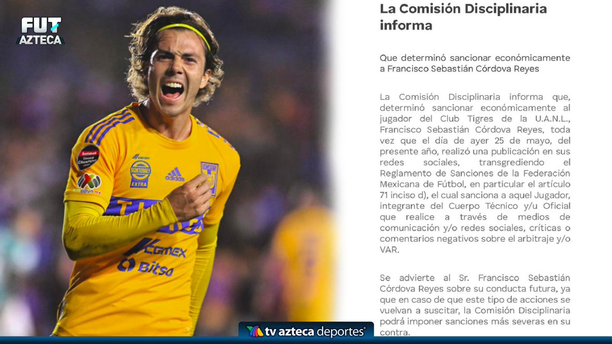 AztecaDeportes's tweet photo. 🚨¡ÚLTIMA HORA!

Luego del polémico posteo en Redes Sociales de Sebastián Córdova, la Comisión Disciplinaria castigó económicamente al seleccionado nacional de los Tigres.

#AztecaDeportes #Tigres #Cordova #SebastiánCordova https://t.co/HGf8Pdyi9W