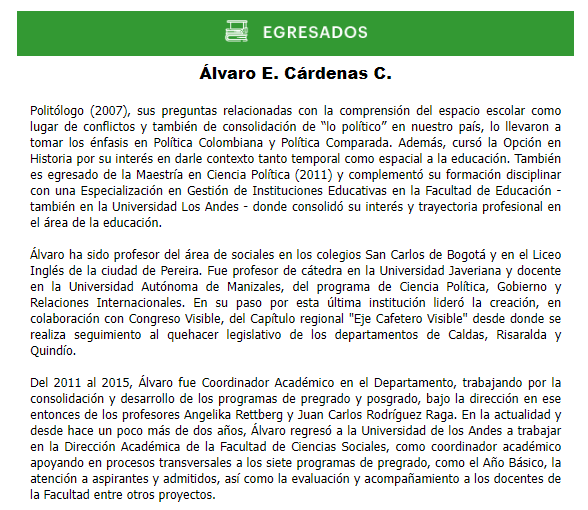 CPolUniandes's tweet photo. El #egresado de la semana es @aecardenas, politólogo @CPolUniandes y Magíster en Ciencia Política de @Uniandes. Ha sido profesor de cátedra en varias universidades. En la actualidad se desempeña como coordinador académico en @facisouniandes. 

#UniandinoSiempre 💛🖤 https://t.co/1SAAbsjaLN