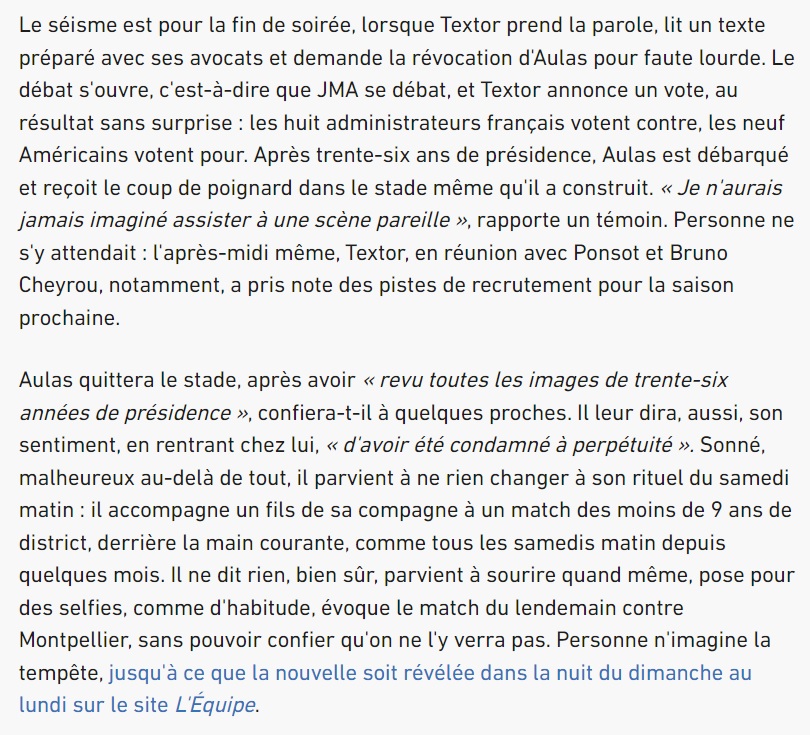 SocialGones's tweet photo. « #Textor annonce un vote, au résultat sans surprise : les huit administrateurs français votent contre, les neuf Américains votent pour. Après trente-six ans de présidence, #Aulas est débarqué... » https://t.co/BTfR2Q9sWc