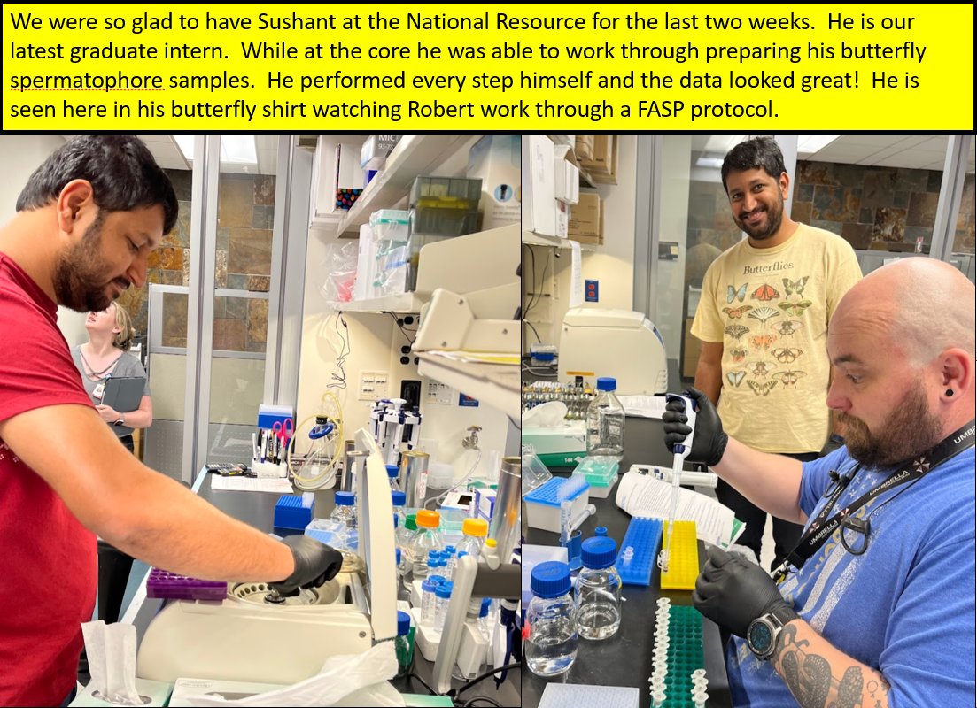 So glad to have Sushant Potdar from the University of Arkansas at Fayetteville in the lab for the last two weeks.  His butterfly behavior study was a fasinating way to use proteomics.  He is the last of our graduate interns for this cycle.  Great job Sushant!