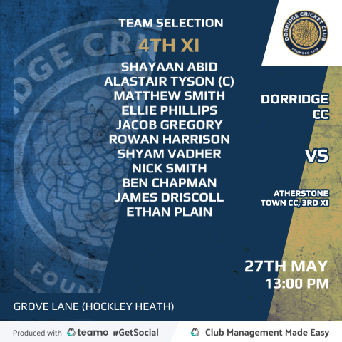 DorridgeCC's tweet photo. Team news ahead of our @BDPCL_Official & #WCCL games tomorrow.
1st XI home @LichfieldCC
2nd XI away @Rugby_CC
3rd XI away Stockingford CC
4th XI home Atherstone Town CC
#UTR #ClubNews #clubcricket #teamnews #cricket #andele #pertempsnetworkgroup https://t.co/oMfDBjKdfB