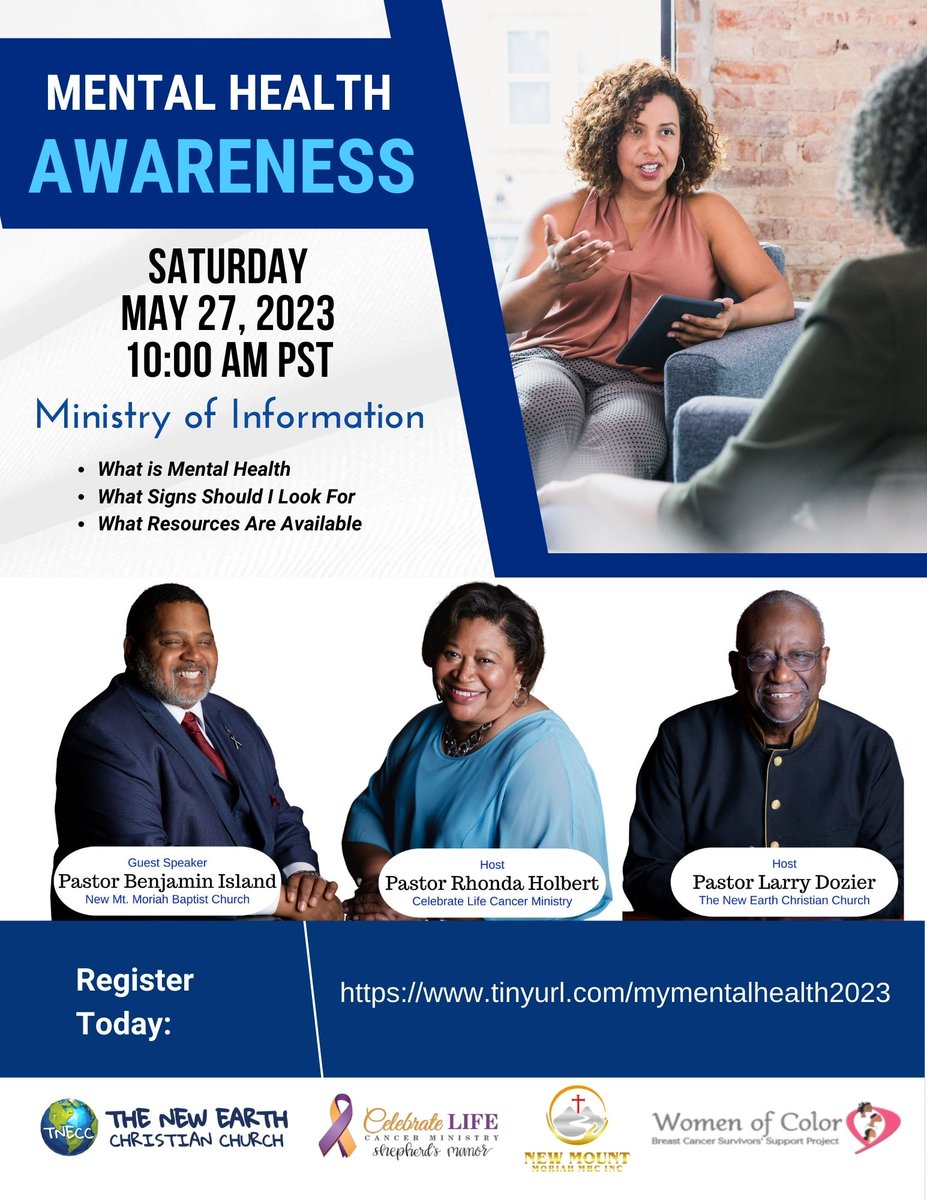 Please join us online! Mental Health has touched all our lives through COVID, a cancer diagnosis, and/or life in general. We hope to see you Sat, 5/27 10:00 am as Pastor Benjamin Island leads a chat on tips to help identify and work through the process. tinyurl.com/mymentalhealth…