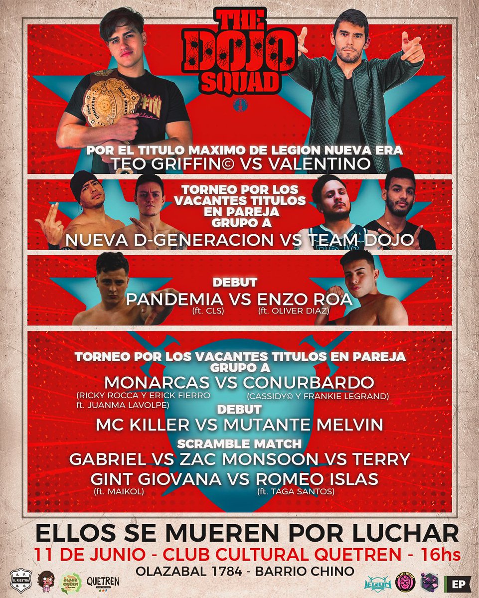 Llega el cuarto evento del DOJO, las nuevas y actuales estrellas de nuestra escuela. Un show donde tendremos una clásica scramble match, dos alumnos que debutarán contra profesores, el inicio del gran torneo y la primera defensa titular de @teogriffinpw contra Valentino 🤡🕊️🦈🔪