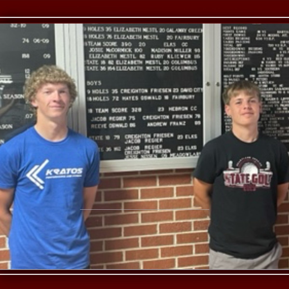 The HCS boys golf record board has been updated… AGAIN! Congrats to Jake Regier and Creighton Friesen who broke the school record for 18 holes at the State Meet with a 79. The duo also tied the school record for 36 holes at the State Meet with a 162. Good luck Jake @ Bethel!