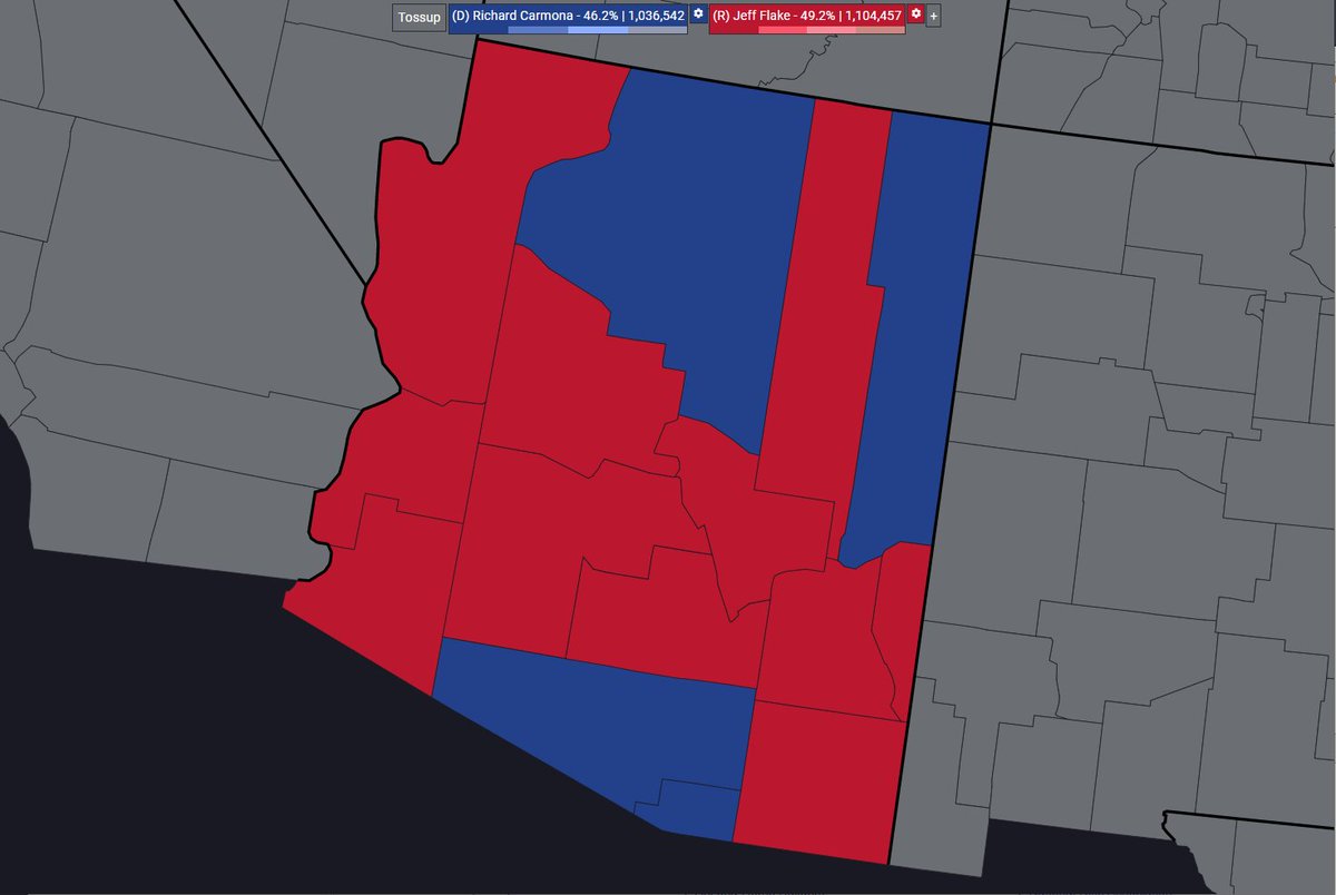 Progression of Jeff Flake's senate seat, becoming blue.

2012 AZ SENATE
(R) Jeff Flake – 1,104,457 | 49.2%
(D) Richard Carmona – 1,036,542 | 46.2%
DIFF: 67,915 | R+3

2018 AZ SENATE
(D) Kyrsten Sinema – 1,191,100 | 50.0%
(R) Martha McSally – 1,135,200 | 47.6%
DIFF: 55,900 | D+2.4 https://t.co/iw3X6YAZmu