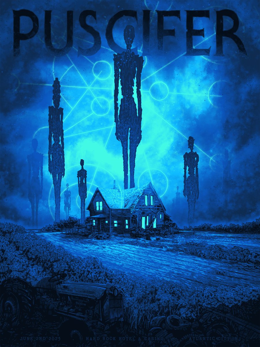 puscifer's tweet image. Tonight's poster for Atlantic City by @tinymediaempire. Ltd ed of 130 &amp;amp; 50 foil, the poster will be at the merch booth, w/ some signed by the band. Tonight's ER vinyl variant (50 copies) &amp;amp; show tee will also be at the merch booth. #puscifer @mjkeenan @carinaround #matmitchell