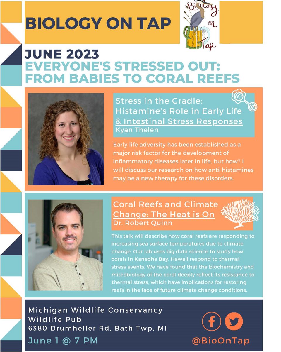 Biology on Tap June 2023 is next week!! We'll see you June 1st at 7:00pm at the Michigan Wildlife Conservancy for talks by Kyan Thelen and Dr. Robert Quinn.