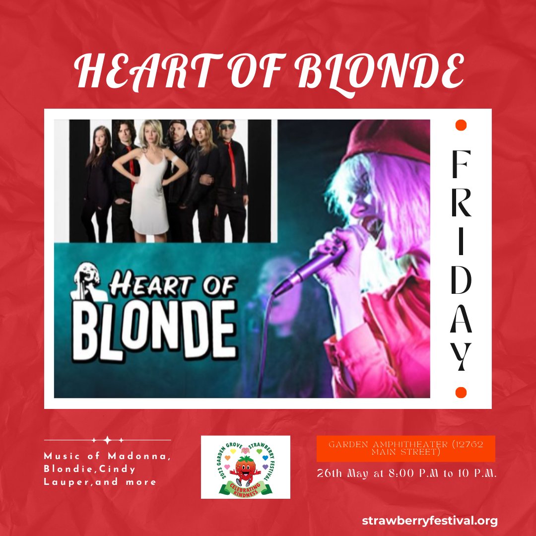 The live performance of Heart of a Blonde at the Garden Amphitheater (12762 Main Street) from 8 PM to 10 PM. Come and join the fun! This concert and ALL of our concerts are FREE to attend!!
<a href="/ktla5community/">ktla5community</a> #GGStrawberryFest2023 #GardenGrove #KindnessGoesViral