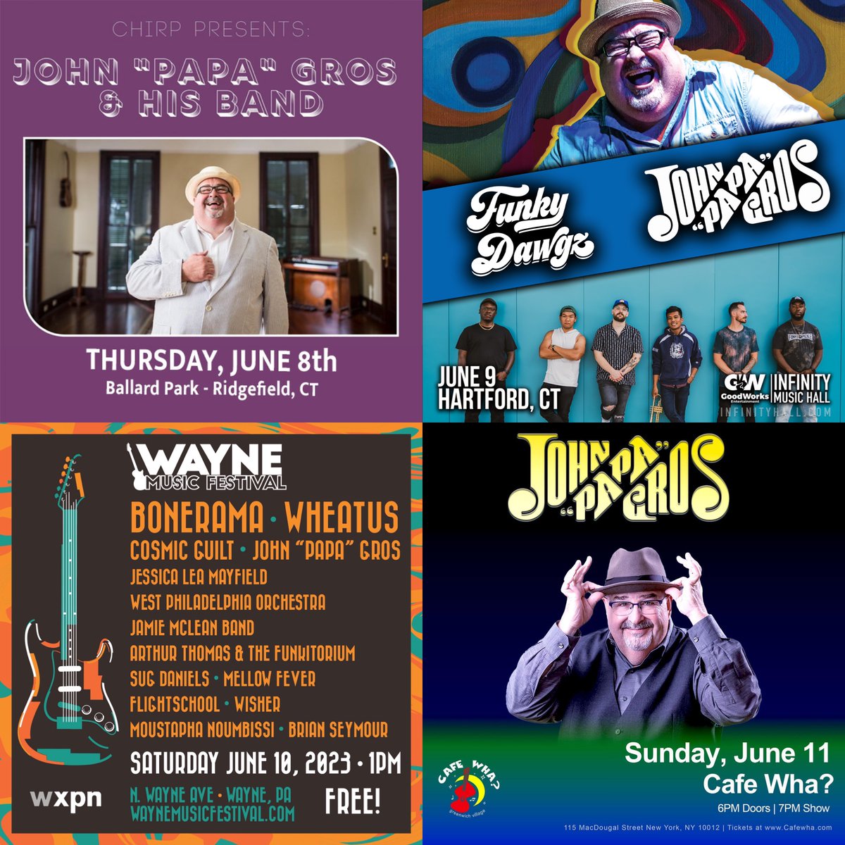 JohnPapaGros's tweet photo. The Summer '23 Tour keeps rolling through the northeast. I can't wait to see y'all!

Thurs, 6/8 Ridgefield, CT ChirpCT
Fri, 6/9 Hartford, CT Infinity Music Hall w/ John Papa Gros + Funky Dawgz
Sat, 6/10 Wayne, PA Wayne Music Festival 5pm
Sun, 6/11 NYC  Cafe Wha?  Early Show 7pm https://t.co/sxrvToC9rd