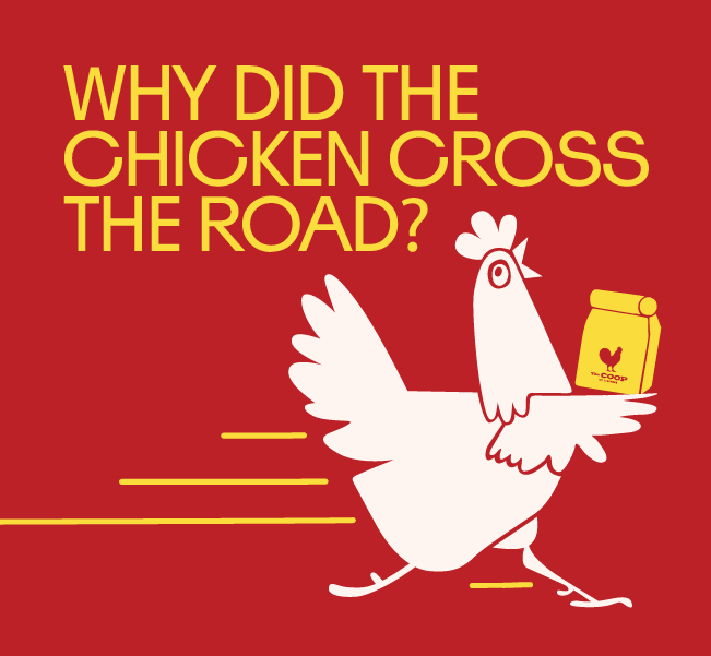 Why did the Chicken cross the road? To get to your doorstep! 😉 The COOP is now available for delivery. Order online today: bit.ly/3C3bRpi 🚗