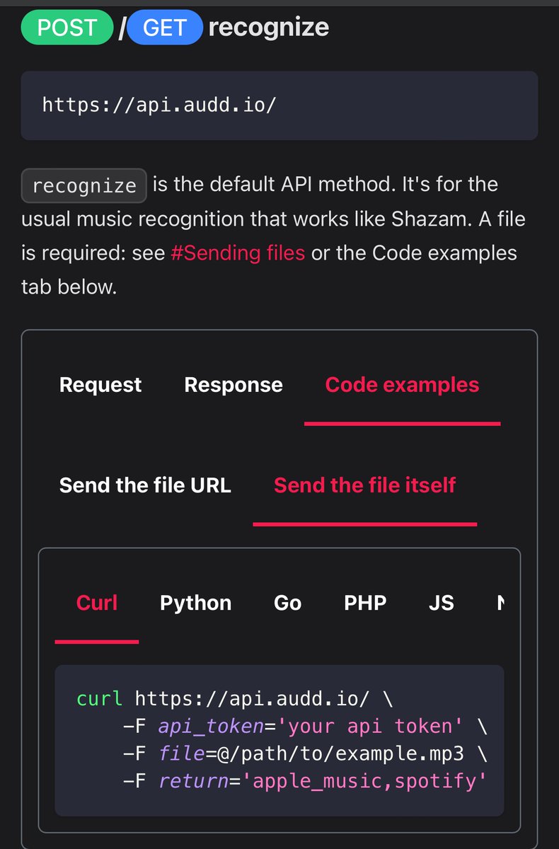 helloAudD's tweet photo. @brokenrobot331 Hey, the “Send the file itself” tabs on https://t.co/OQ87kXTETm have the code examples for sending local files for music recognition https://t.co/szds4J1x3R