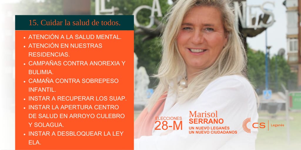🔥 ÚLTIMO PUNTO🔥

🧡CUIDAREMOS DE LA SALUD DE NUESTROS  VECINOS CON CAMPAÑAS DE PREVENCIÓN Y MEJORA DE LA SANIDAD DE LEGANÉS 🧡

🔥VOTA A MARISOL SERRANO,  VOTA A CIUDADANOS 🔥