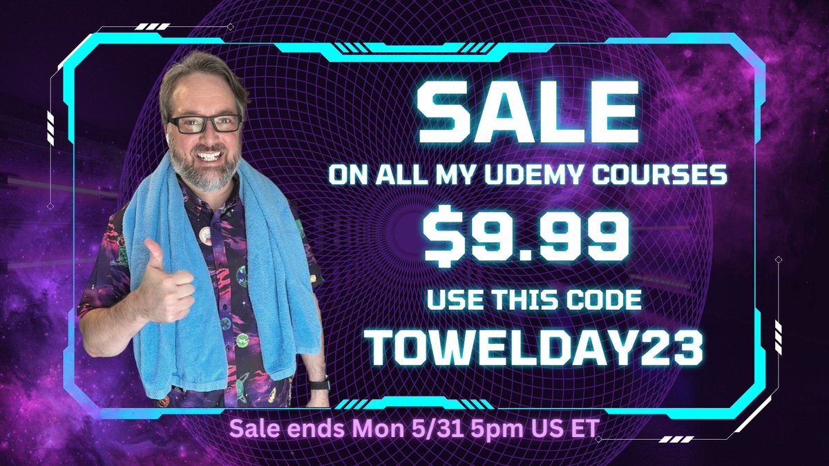 🏷️ To celebrate Towel Day from Hitchhiker's Guide to the Galaxy, all my Udemy courses are on sale for $9.99! Click the links in the thread or go to buff.ly/424Okzb and change the coupon code to TOWELDAY23. #Docker #Kubernetes #NodeJS #ITeachWithUdemy #UdemyforBiz