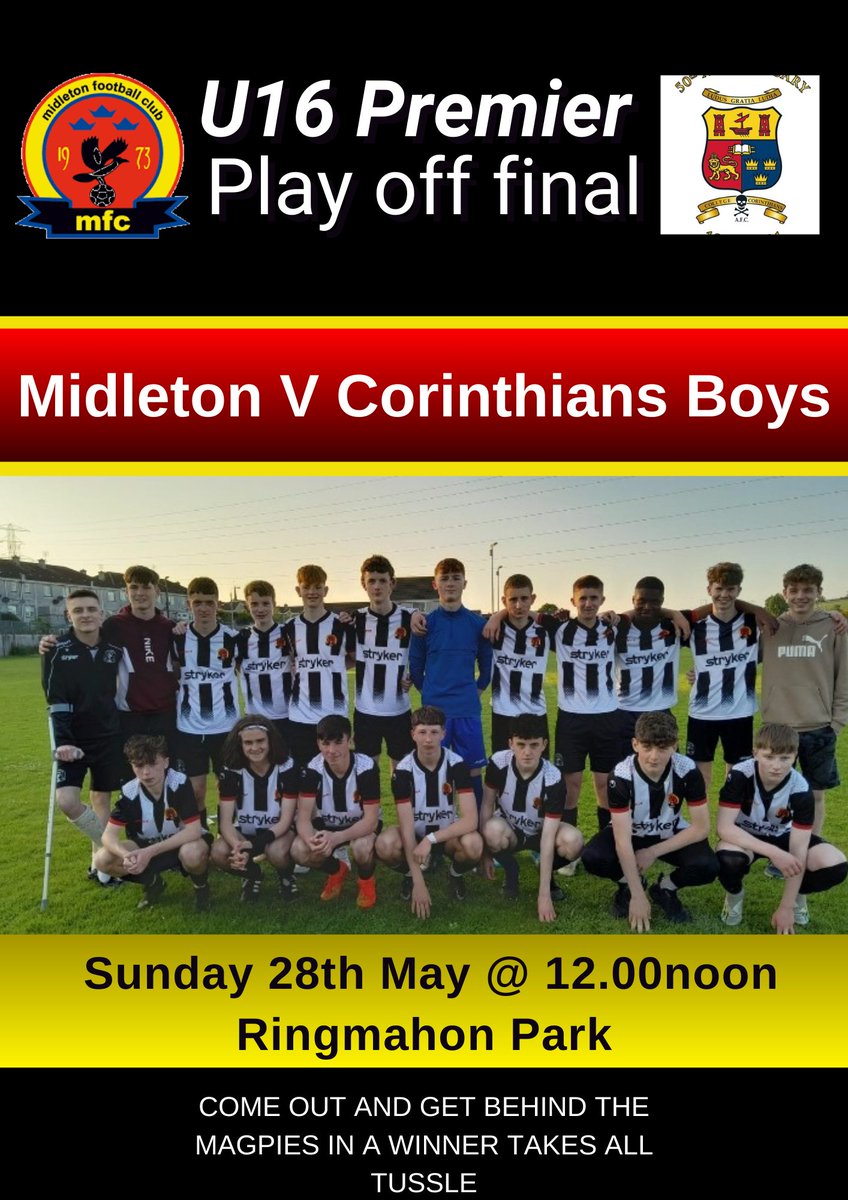 A massive day on a May Sunday for our U16 side, a winner takes all game with Corinthians Boys at Ringmahon Park at 12 noon . All support is greatly appreciated on the day ⚫️⚪️⚫️⚪️⚫️⚪️