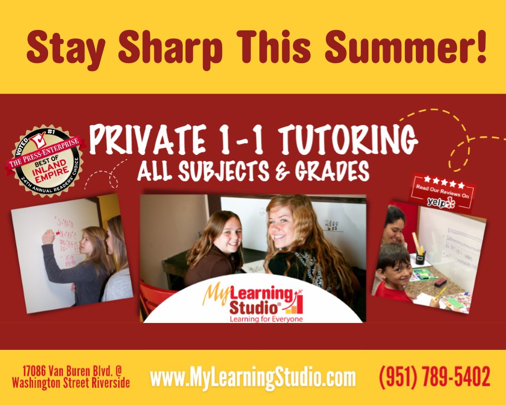 My_Learn_Studio's tweet image. Stay Sharp This Summer with Private 1-1 Tutoring!

Award-winning in-person or virtual tutoring for all subjects &amp;amp; grades. 
7 days a week
9am-9pm
Call (951) 789-5402 for details and availability
MyLearningStudio.com

#MyLearningStudio #summertutoring #tutor #RiversideTutors